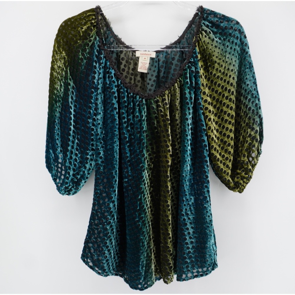 Sundance Silk Blend Velvet Burnout Blouse Teal Green Ombre Polka Dot Medium